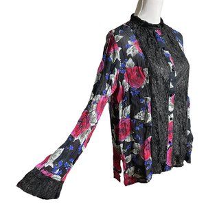 Rose Lace Chiffon Blouse S Button-up Floral Panel Long Sleeve Flare Cuff Shirt